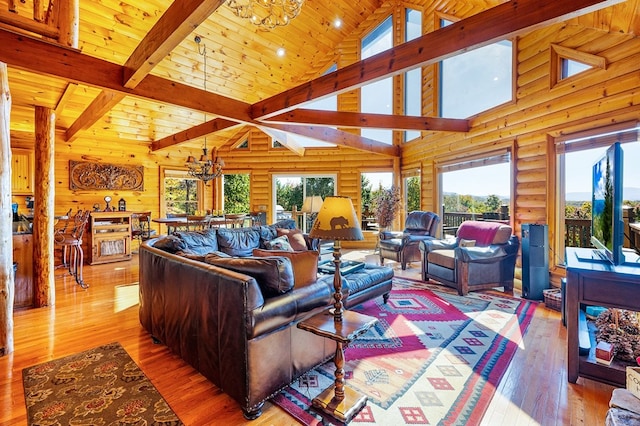 192 Oak Ridge Way, Morganton, GA 30560 - living room featuring a chandelier, rustic walls, light wood finished floors, high vaulted ceiling, and wood ceiling with exposed beams