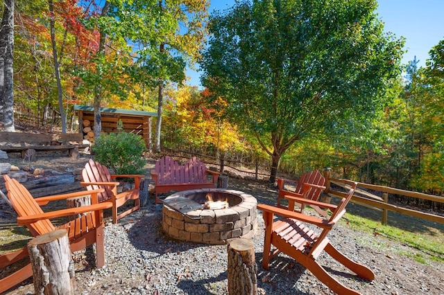 view of patio / terrace featuring an outdoor fire pit