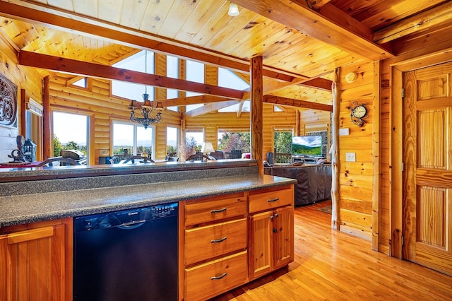 kitchen with light hardwood / wood-style floors, an inviting chandelier, black dishwasher, wooden ceiling, and vaulted ceiling with skylight