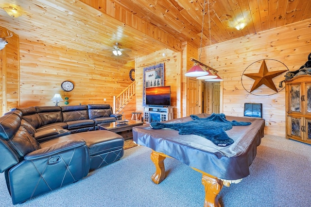 game room featuring wooden ceiling, wood walls, pool table, ceiling fan, and carpet floors