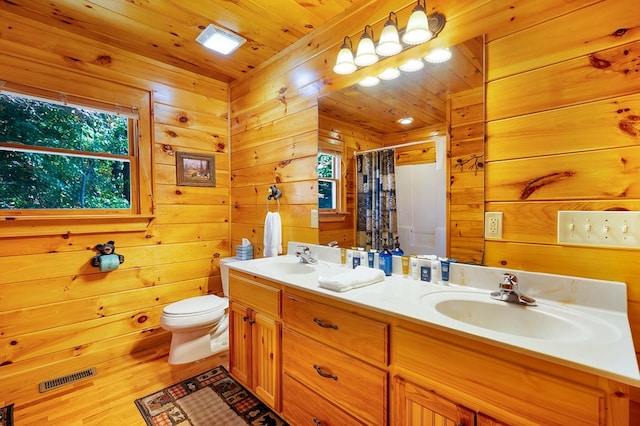 192 Oak Ridge Way, Morganton, GA 30560 - bathroom featuring double vanity, toilet, a shower with curtain, wood walls, and wooden ceiling