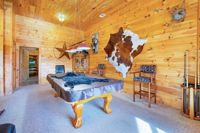 game room featuring wooden walls, carpet flooring, and billiards