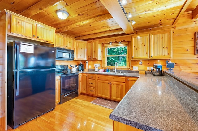 kitchen with light wood-type flooring, wooden ceiling, wooden walls, and black appliances