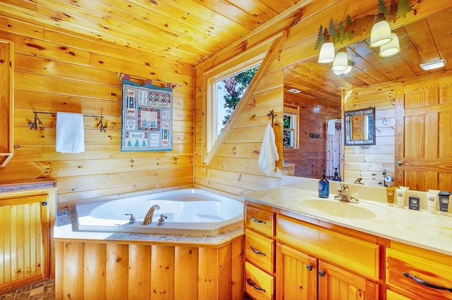 bathroom featuring a bathtub, vanity, wooden walls, and wooden ceiling