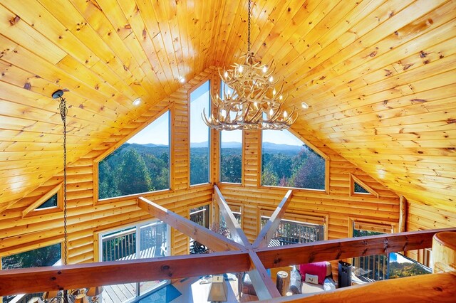 room details featuring a mountain view, wood ceiling, and log walls