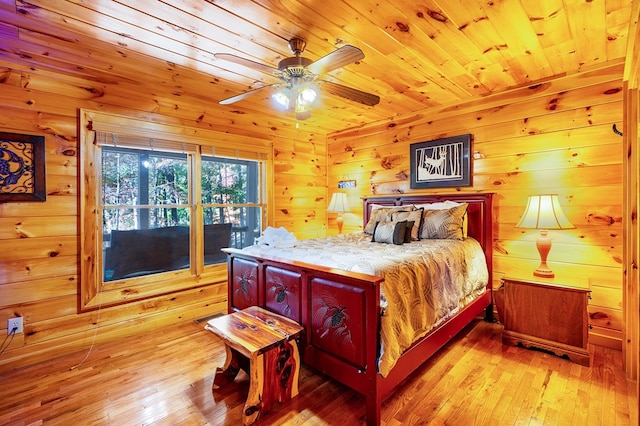 bedroom featuring light wood-type flooring, wooden walls, wood ceiling, and ceiling fan