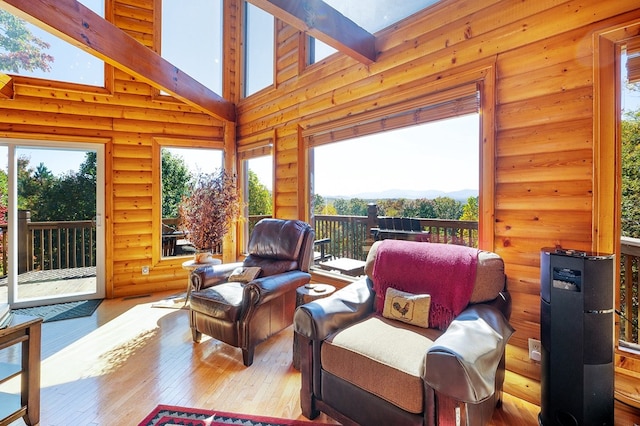 192 Oak Ridge Way, Morganton, GA 30560 - living area featuring healthy amount of natural light, hardwood / wood-style floors, a skylight, a towering ceiling, and rustic walls
