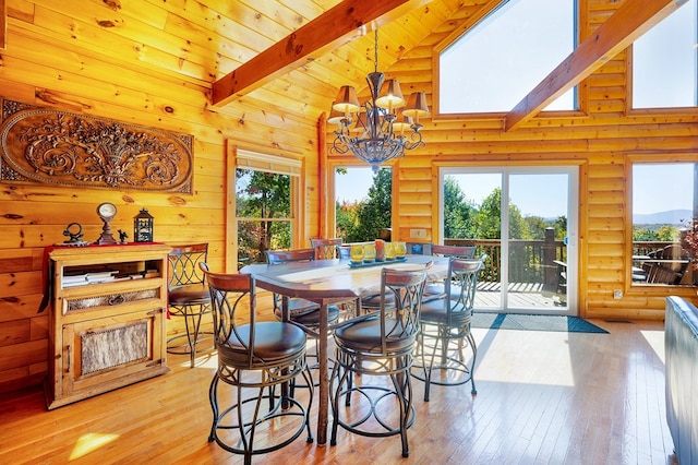 dining area featuring high vaulted ceiling, light wood-type flooring, a healthy amount of sunlight, and beam ceiling