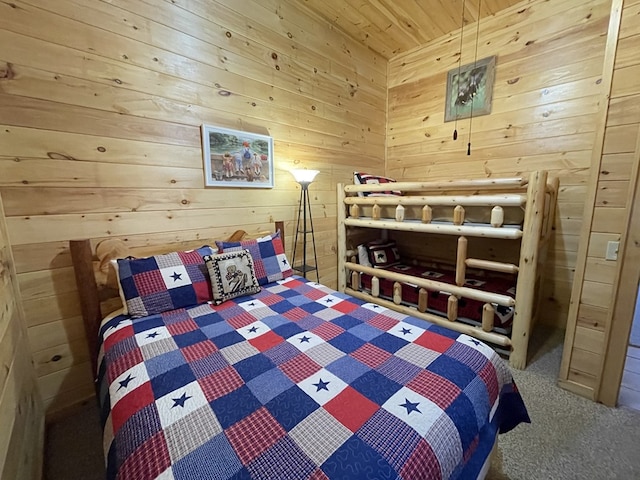 192 Oak Ridge Way, Morganton, GA 30560 - bedroom featuring wood walls, carpet floors, and wood ceiling