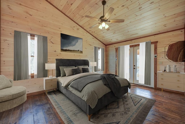 bedroom featuring french doors, wood ceiling, access to exterior, wooden walls, and dark hardwood / wood-style floors