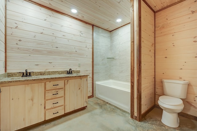 bathroom with toilet, concrete flooring, a tub to relax in, wood walls, and vanity