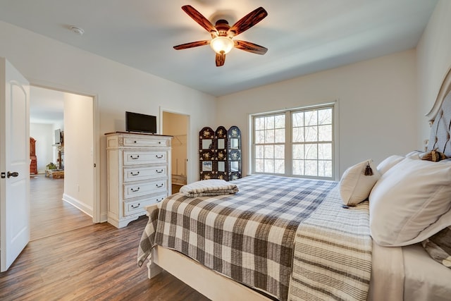 bedroom with hardwood / wood-style flooring, ceiling fan, and a spacious closet