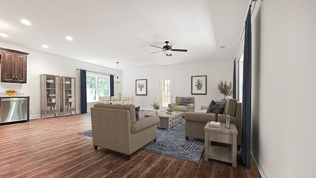 living area with ceiling fan, recessed lighting, baseboards, and dark wood finished floors