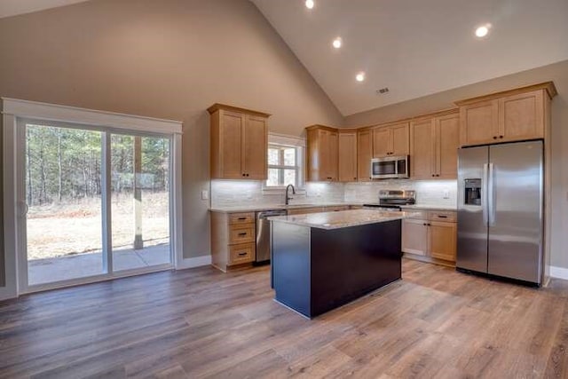 kitchen with appliances with stainless steel finishes, light hardwood / wood-style flooring, high vaulted ceiling, and plenty of natural light