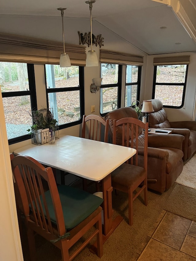 142 Gander Gap Rd, Hiawassee, GA 30546 - dining space with vaulted ceiling, a wealth of natural light, and stone tile flooring