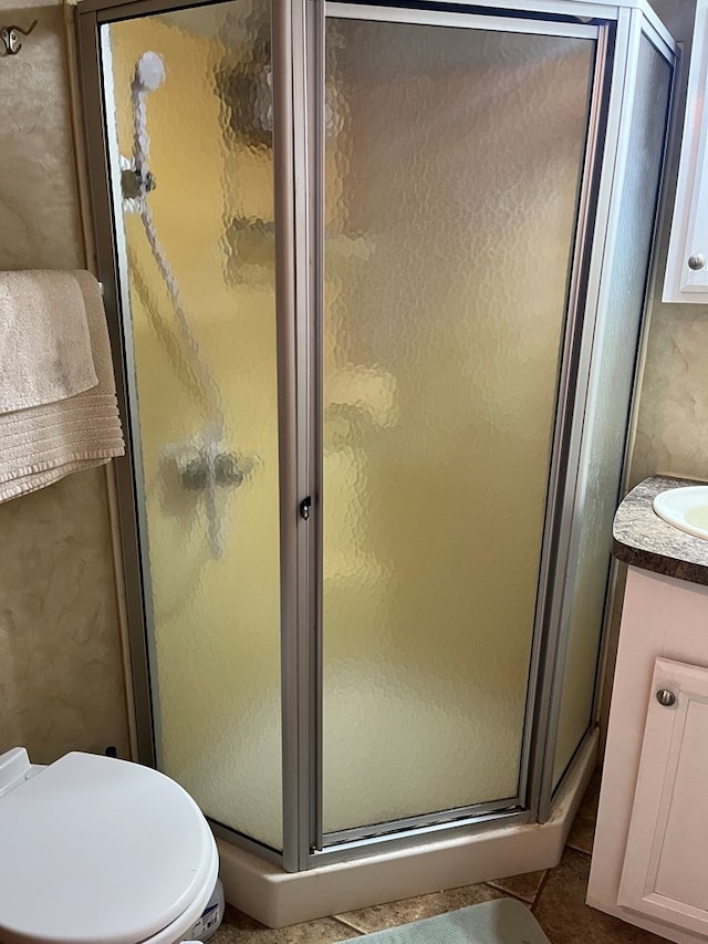 142 Gander Gap Rd, Hiawassee, GA 30546 - bathroom featuring vanity, a shower stall, and toilet