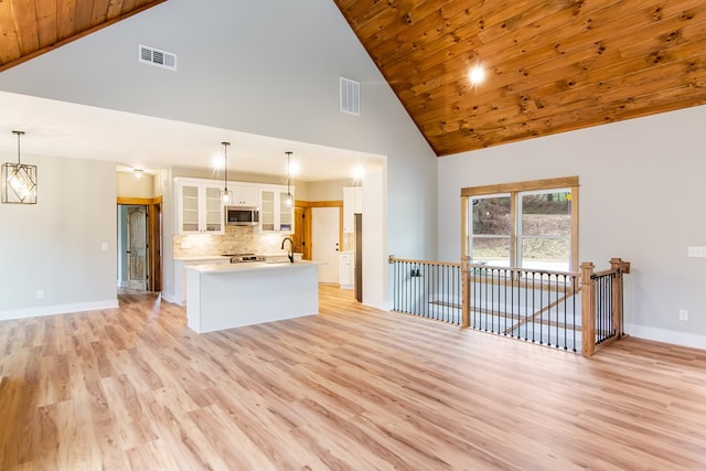 unfurnished living room with sink, light hardwood / wood-style flooring, high vaulted ceiling, a notable chandelier, and wooden ceiling