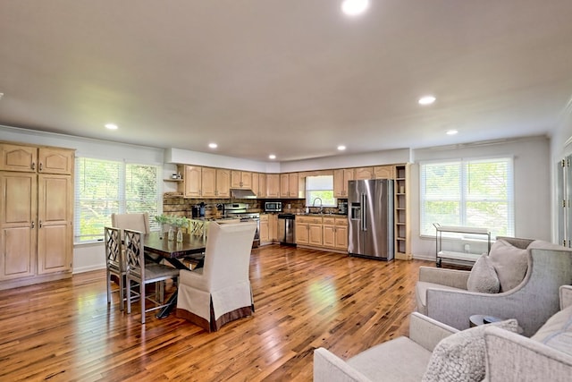 living area with recessed lighting, baseboards, and wood finished floors