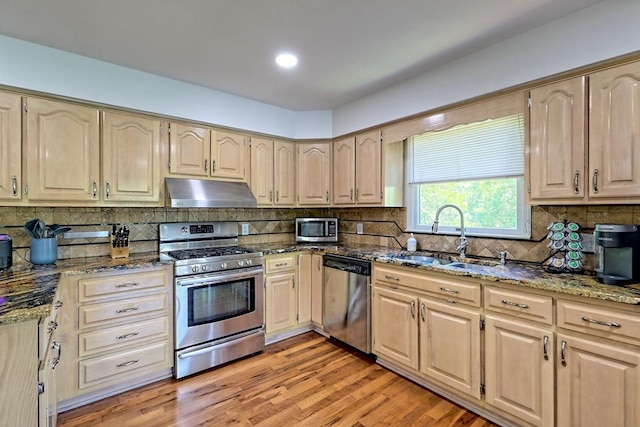 kitchen featuring appliances with stainless steel finishes, a sink, backsplash, stone counters, and under cabinet range hood