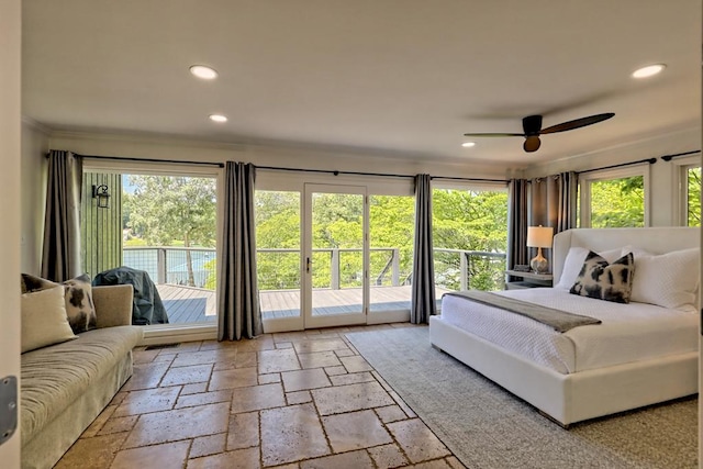 bedroom with ceiling fan, crown molding, access to outside, recessed lighting, and stone tile floors