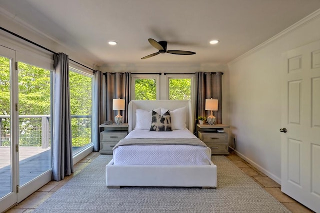 bedroom with multiple windows, ornamental molding, recessed lighting, and access to exterior