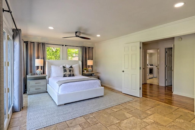 bedroom with recessed lighting, stone tile floors, and ornamental molding