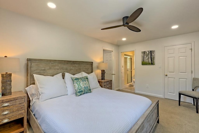 carpeted bedroom featuring connected bathroom, recessed lighting, baseboards, and ceiling fan