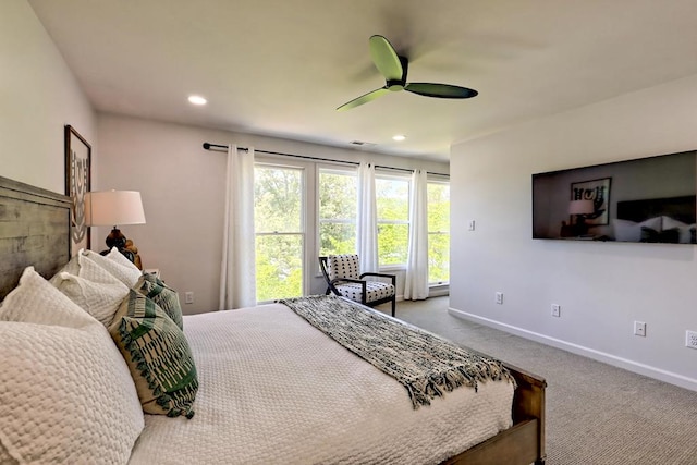 carpeted bedroom with recessed lighting, baseboards, visible vents, and ceiling fan