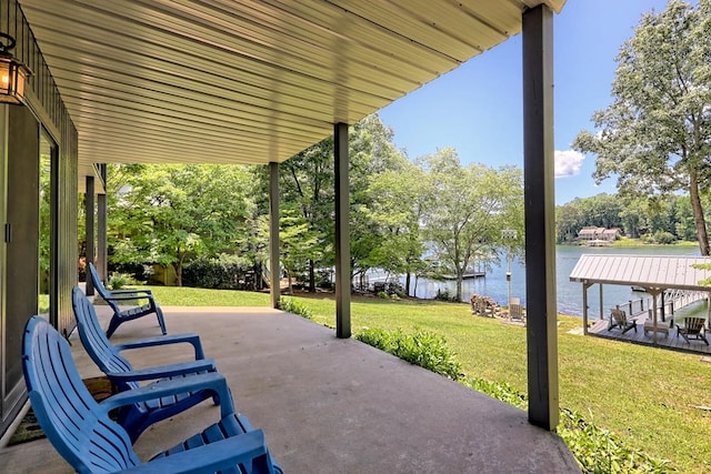 view of patio featuring a water view