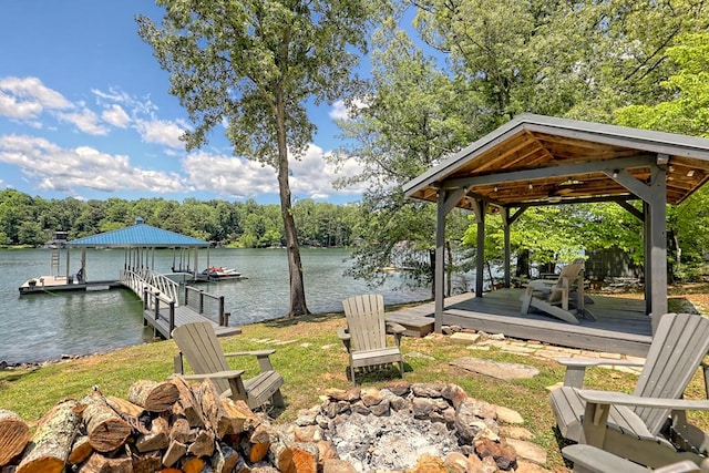 dock area featuring a water view and a fire pit
