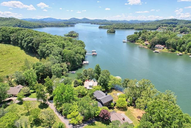 bird's eye view with a water and mountain view and a wooded view