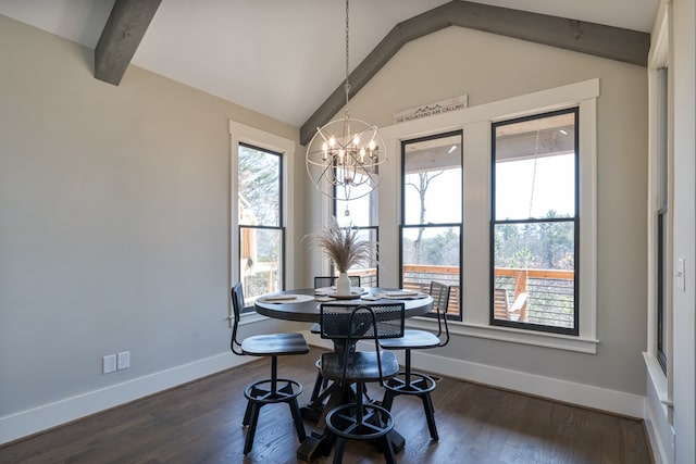 dining area with baseboards, a notable chandelier, dark wood-style floors, and vaulted ceiling with beams