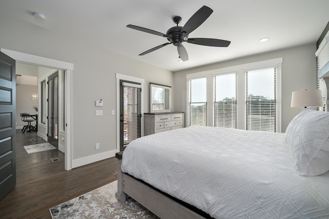 bedroom featuring recessed lighting, a ceiling fan, dark wood-type flooring, and baseboards