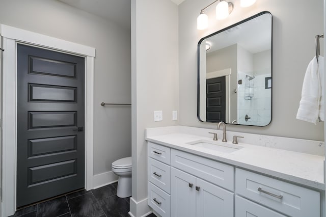 bathroom featuring visible vents, toilet, a shower stall, tile patterned flooring, and vanity