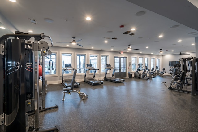 gym featuring ceiling fan