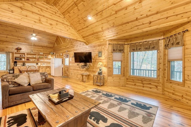 unfurnished living room featuring light hardwood / wood-style floors, a healthy amount of sunlight, and wooden walls