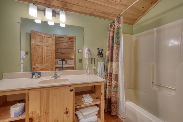 bathroom featuring wood ceiling, vaulted ceiling, vanity, hardwood / wood-style flooring, and shower / bathtub combination with curtain