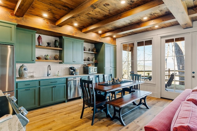 dining room featuring beam ceiling, recessed lighting, wood ceiling, and light wood-style floors