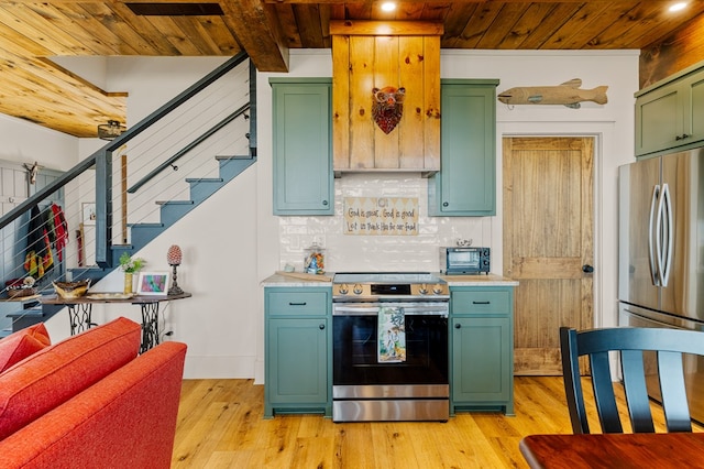 kitchen with wooden ceiling, green cabinets, stainless steel appliances, and light countertops