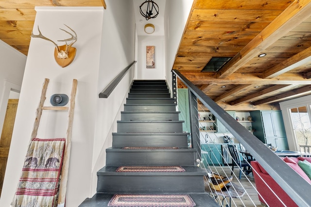 stairway with wood ceiling, visible vents, and beam ceiling