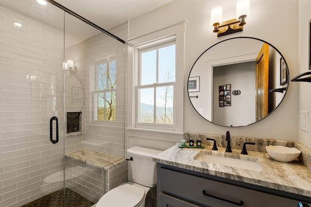 full bath featuring toilet, a shower stall, and vanity