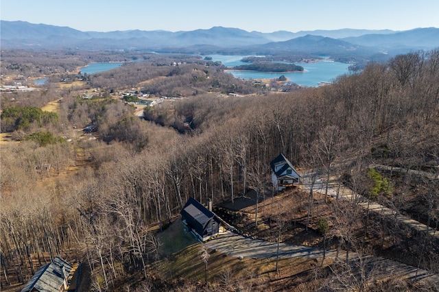 bird's eye view with a wooded view and a water and mountain view