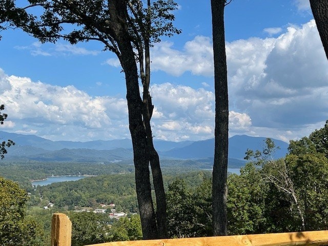 view of mountain feature with a water view and a wooded view