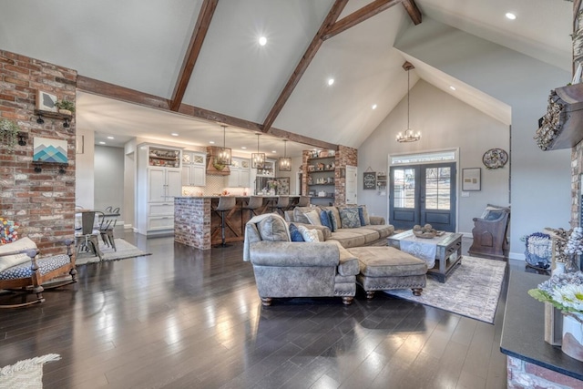 living area featuring dark wood finished floors and beam ceiling