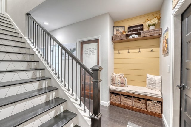 mudroom featuring baseboards and dark wood-type flooring