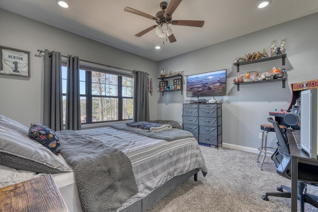 bedroom featuring ceiling fan, baseboards, carpet flooring, and recessed lighting