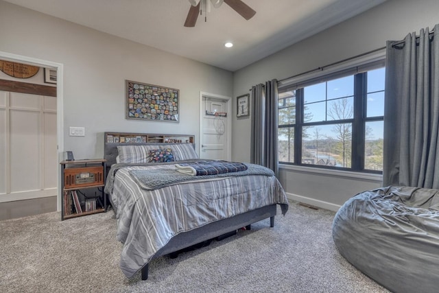 carpeted bedroom with baseboards, visible vents, ceiling fan, and recessed lighting