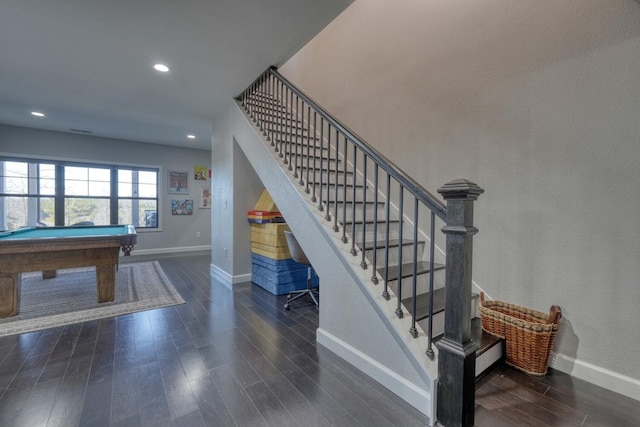 staircase with pool table, recessed lighting, wood finished floors, and baseboards