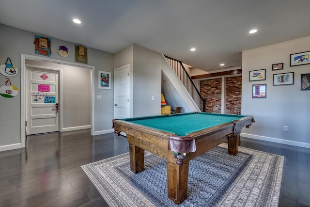 playroom featuring dark wood-style floors, billiards, baseboards, and recessed lighting