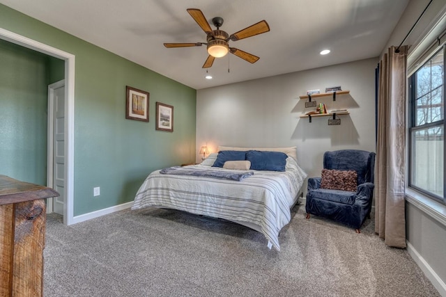 bedroom featuring a ceiling fan, baseboards, carpet flooring, and recessed lighting